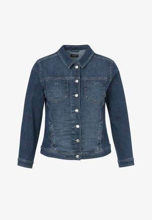Donkerdenim jack met een kraag, lange mouwen en twee borstzakken. Heeft zilveren knopen en een licht getailleerd ontwerp.