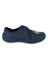 Marine slip-on schoen van textiel, met elastische kruistrap en rubberen zool. Kenmerkt zich door een kleurrijk geborduurd figuur op de voorkant.