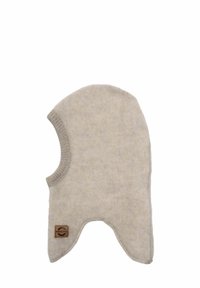 Vunena kapa svijetle bež boje s mekanom teksturom. Ima zaobljeni vrh, otvorene strane i platnenu etiketu na prednjoj strani.