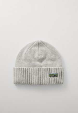 Gray knit beanie with a ribbed cuff and a rectangular patch featuring mountains and the word "Patagonia" in blue and green.