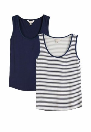 Twee mouwloze tanktops, één effen marineblauw en één wit met dunne marineblauwe horizontale strepen, beide met een ronde halslijn.