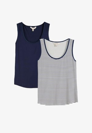 Twee mouwloze tanktops, één effen marineblauw en één wit met dunne marineblauwe horizontale strepen, beide met een ronde halslijn.