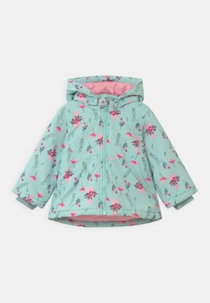 Veste à capuche enfant bleu clair avec motif floral rose et fermeture éclair intégrale à l'avant, présentée à plat sur fond blanc.