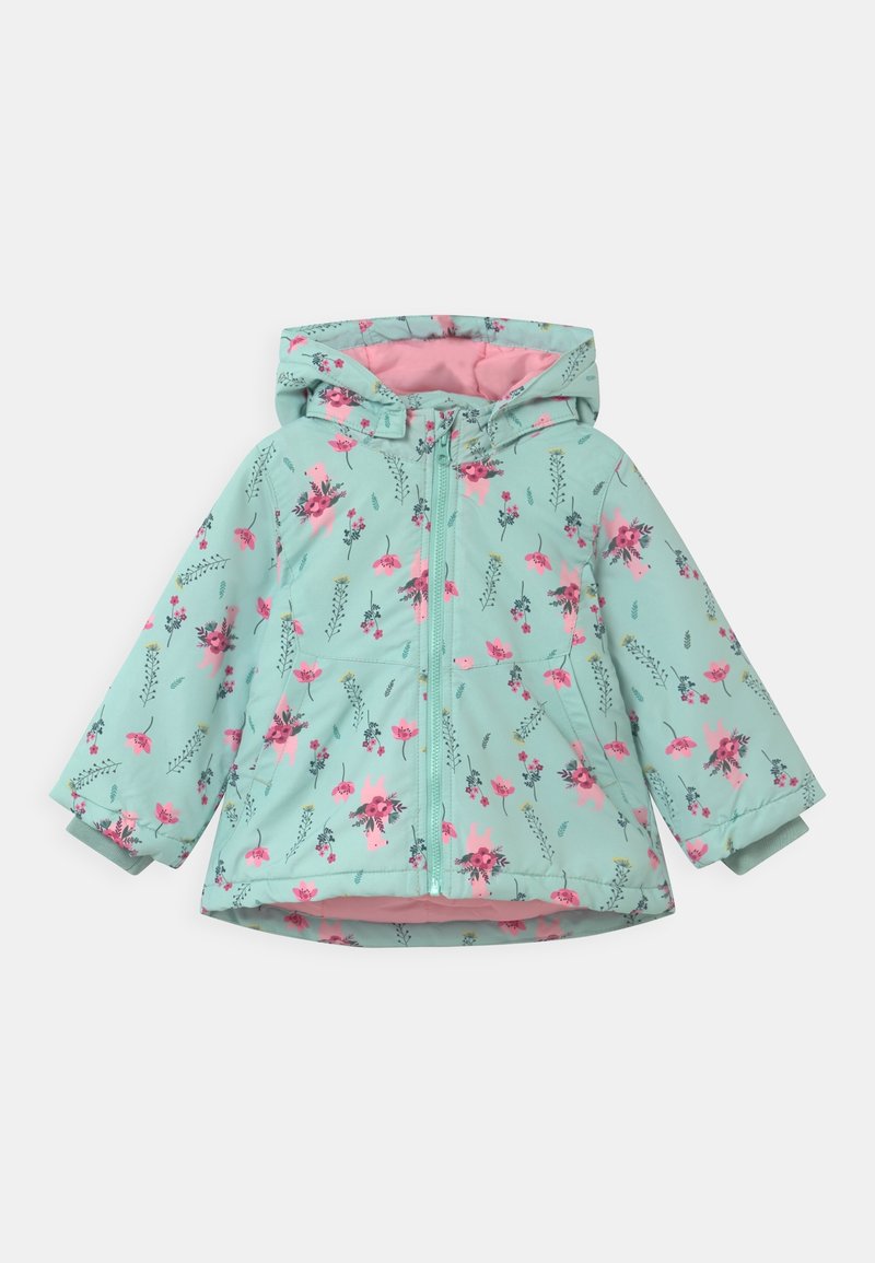 Veste à capuche enfant bleu clair avec motif floral rose et fermeture éclair intégrale à l'avant, présentée à plat sur fond blanc.