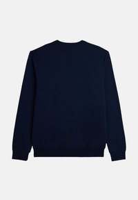 Felpa blu navy con collo rotondo, maniche lunghe e polsini a coste. Il retro è semplice, senza grafiche o motivi. Tessuto morbido.
