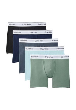 Cinq paires de boxers pour hommes en noir, marine, gris, bleu clair et vert avec des ceintures blanches Calvin Klein, disposées en éventail.