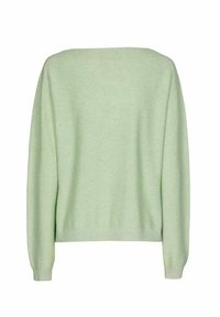 Pull à manches longues vert clair avec un large col côtelé, des poignets côtelés et un ourlet côtelé, vu de l'arrière sur fond blanc.