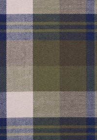 Tartan-Stoff mit einem Karomuster in Blau-, Grün-, Beige- und Brauntönen, einem strukturierten Gewebe und diagonalen Linien.