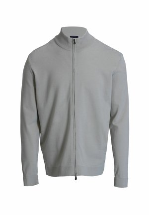 Lichtgrijze ritsvest met hoge kraag, lange mouwen, geribbelde manchetten en een gladde textuur. Heeft een centrale rits en een minimalistisch ontwerp.