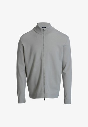 Lichtgrijze ritsvest met hoge kraag, lange mouwen, geribbelde manchetten en een gladde textuur. Heeft een centrale rits en een minimalistisch ontwerp.