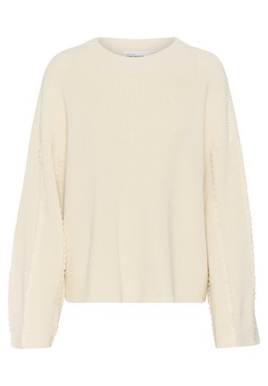 Crèmegekleurde gebreide trui met een ronde halslijn, ontspannen pasvorm en een textuurdetail langs de mouwen. Zacht, geribbeld materiaal.