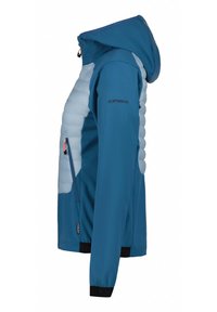 Blauwe en lichtblauwe geïsoleerde jas met een capuchon, ritszakken aan de zijkanten, elastische manchetten en een logo op de mouw. Gequilte ontwerp aan de bovenkant.