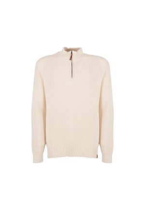 Lichtbeige pullover trui met een kwart-rits halslijn, geribbeld textuur en lange mouwen. Heeft een subtiele accent bij de rits.