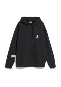 Felpa con cappuccio nera in misto cotone, presenta un logo a nastro bianco sul petto, tasca a marsupio, cappuccio con cordino e un'etichetta sulla manica.