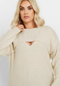 Maglione crema con texture a treccia, scollatura ampia e un'inconfondibile apertura a V. Maniche lunghe con polsini a coste e un motivo dettagliato.