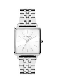 Quadratische silberne Uhr mit einem weißen Ziffernblatt und silbernen Stundenmarkierungen. Verfügt über ein Metallarmband mit einem Gliederdesign. Markenname wird bei 12 Uhr angezeigt.