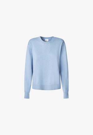 Lyseblå trøje lavet af blødt materiale, med rund halsudskæring, lange ærmer og ribstrikkede manchetter og kant. Glat tekstur, minimalistisk design.