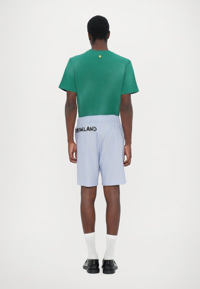 Top corto verde con colletto rotondo e un bottone giallo di accento, abbinato a pantaloni corti a righe blu e bianche con testo nero.