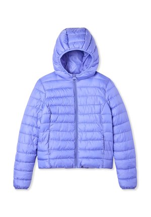 Giacca trapuntata con cappuccio viola chiaro, con cerniera frontale e maniche lunghe, mostrata distesa su sfondo bianco.