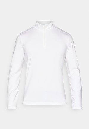 Top atlético branco de mangas longas com colar alto e fecho de meia, feito de material liso e leve. Marca discreta no peito.