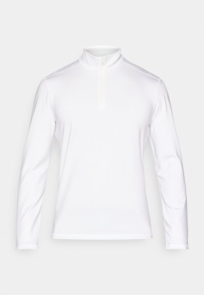 Λευκή αθλητική μπλούζα με μακριά μανίκια, ψηλό γιακά και μισό φερμουάρ, κατασκευασμένη από απαλό, ελαφρύ υλικό. Διακριτική σήμανση στο στήθος.