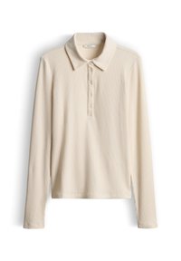 Polo a maniche lunghe in beige chiaro con una trama a coste, colletto classico e abbottonatura con quattro bottoni.