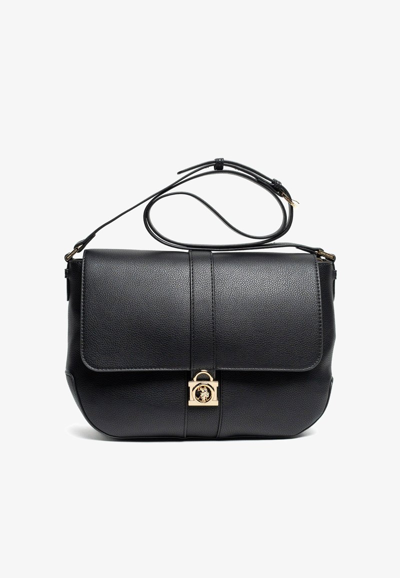 Borsa nera in pelle con superficie strutturata, forma rettangolare, ferrature dorate e chiusura a patta frontale con dettaglio del logo.