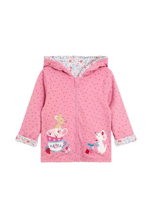 Rosa Zip-Hoodie mit Punkten, floral gefütterter Kapuze und bestickten Mausmotiven auf einer Teetasse mit Kirschen. Weicher Stoff und lange Ärmel.