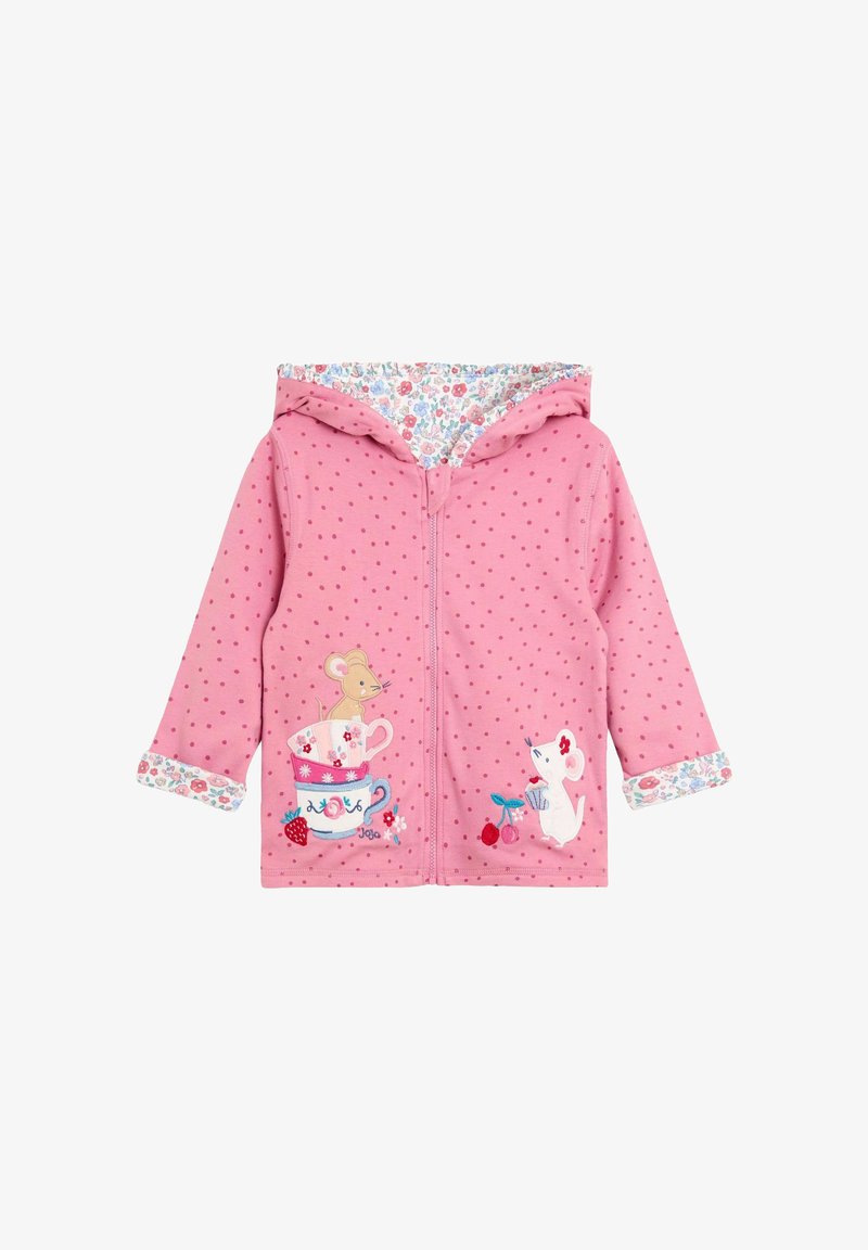 Felpa rosa con zip e pois, cappuccio foderato di fiori e disegni ricamati di un topo su una tazza con ciliegie. Tessuto morbido e maniche lunghe.