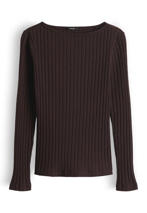 Top a maniche lunghe realizzato in tessuto a costine marrone scuro, con scollo ampio e design aderente con silhouette dritta e orlo diritto.