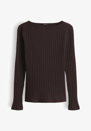 Top a maniche lunghe realizzato in tessuto a costine marrone scuro, con scollo ampio e design aderente con silhouette dritta e orlo diritto.