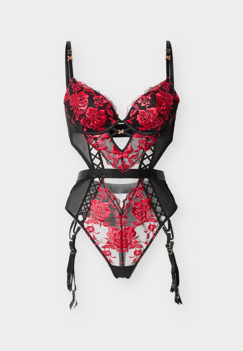Body en lingerie noire transparente avec broderie florale rouge, bretelles réglables et attaches pour porte-jarretelles, présenté sur un fond blanc.