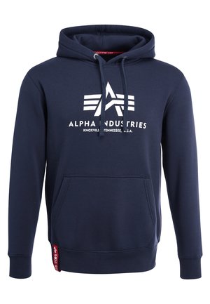 Hoodie bleu marine avec logo graphique et texte blancs, capuche à cordon, poche kangourou à l'avant et poignets et ourlet côtelés.