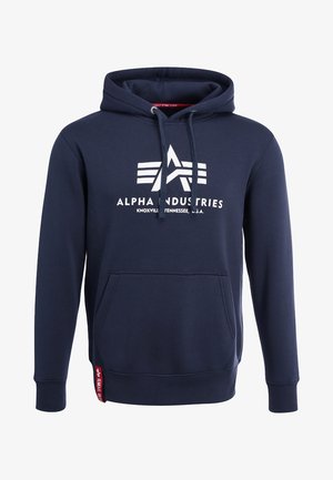 Marineblauwe hoodie met wit grafisch logo en tekst, trekkoord capuchon, voorste kangoeroezak en ribgebreide manchetten en hem.