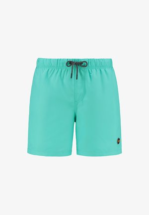 Turkise badetights lavet af letvægtsstof. Har en elastisk talje med en sort snor og en lille logo-patch på siden.