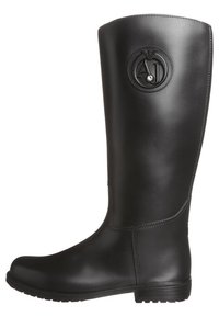 Svart gummistövlar som går upp till knäna med en rund logotypemblem, slät yta, något svängd topp och ruggad sula för bra grepp.