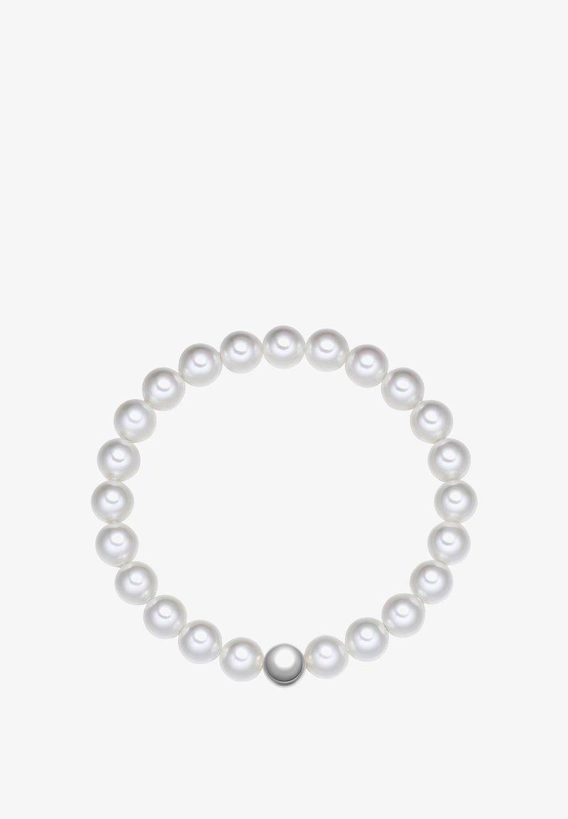 Pulsera de perlas blancas con perlas redondas de textura suave y un solo cuenta de acento plateada. Forma uniforme y acabado pulido.