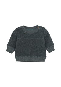 Donkergrijze gebreide babytrui met lange mouwen, ribboorden aan de mouwen en onderkant, ronde halslijn en een kleine knop op de schouder.