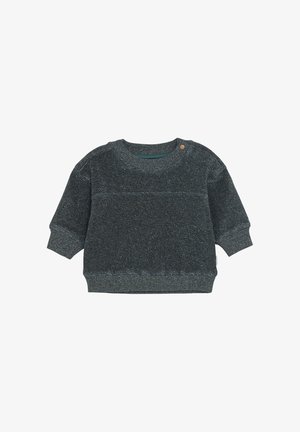 Pull en laine gris foncé à manches longues pour bébé, avec des poignets et un ourlet en côtes, un col rond, et un petit bouton à l'épaule.