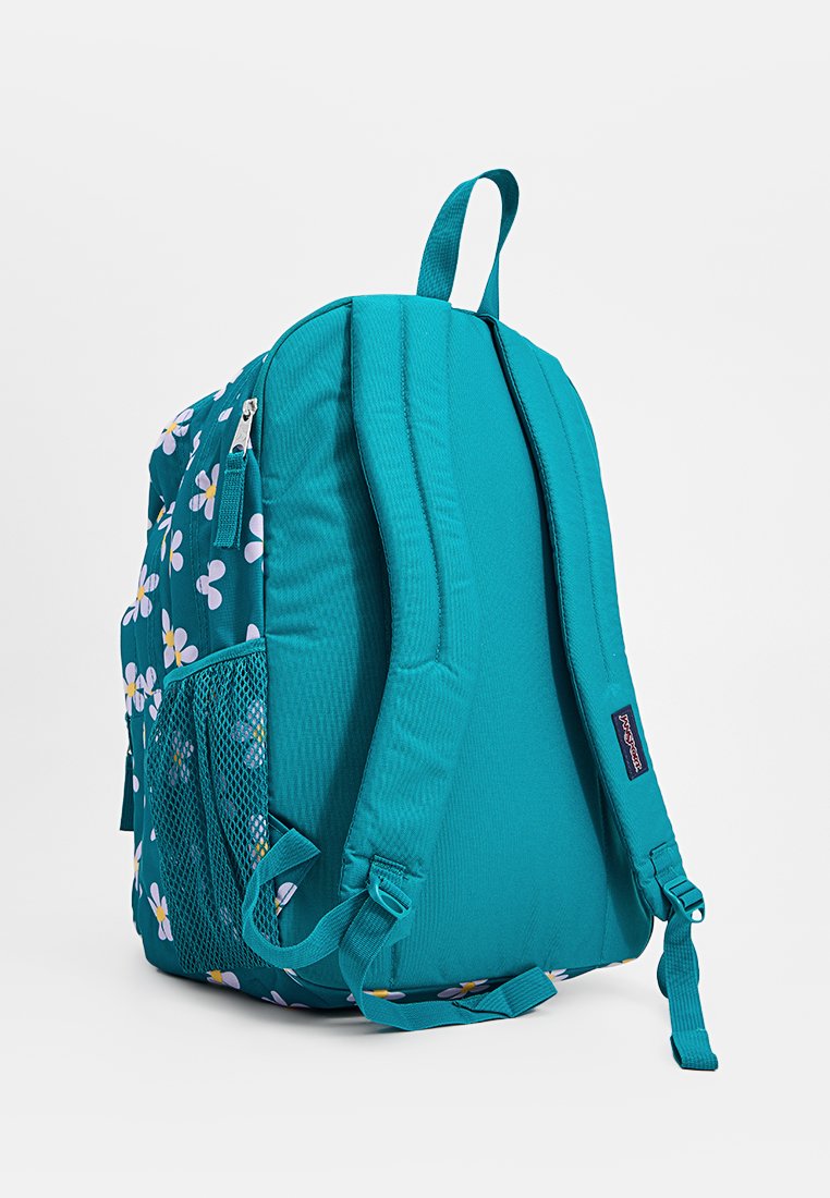 Mochila en color azul verdoso con un patrón de flores, respaldo acolchado, correas ajustables, compartimentos con cremallera y un bolsillo de malla para botella de agua.
