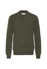 Polo shirt verde oliva a maniche lunghe realizzato in tessuto testurizzato, caratterizzato da un colletto, una chiusura a 3 bottoni e un'etichetta laterale.
