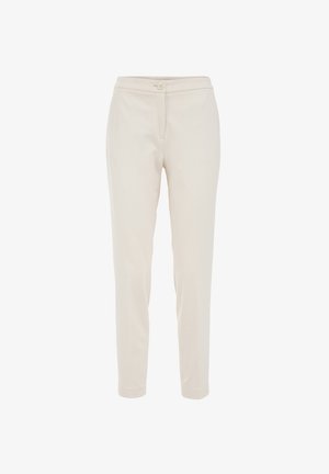 Beige skräddarsydda byxor i mjukt tyg, med dragkedja, knappstängning och slim-fit design. Slät yta utan synliga mönster.