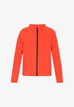 Helle orange Jacke mit Stehkragen, vollem schwarzen Reißverschluss und zwei Außentaschen. Glatte Textur, modernes Design. Keine sichtbaren Muster oder Akzente.