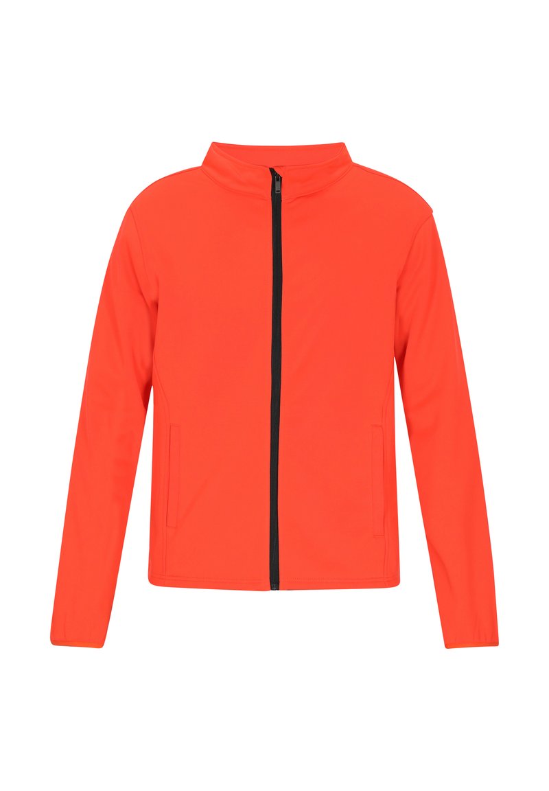 Lys orange jakke med opretstående krave, fuld sort lynlås og to side lommer. Glat tekstur, moderne design. Ingen synlige mønstre eller accenter.