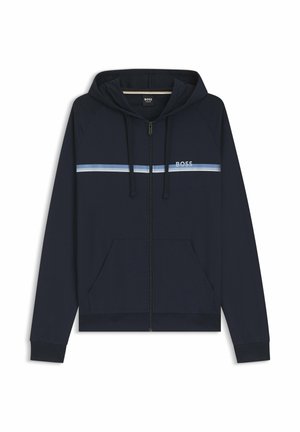 Navy zip-up hoodie with drawstrings, featuring a light blue horizontal stripe and the word "BOSS" in white. Includes front pockets and ribbed cuffs.