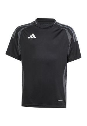 Maglietta sportiva nera a maniche corte con accenti grigi. Realizzata in materiale traspirante, presenta un collo rotondo e un motivo sottile sui lati.