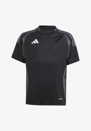 Schwarzes, kurzärmliges Sportshirt mit grauen Akzenten. Hergestellt aus atmungsaktivem Material, mit rundem Ausschnitt und dezentem Muster an den Seiten.