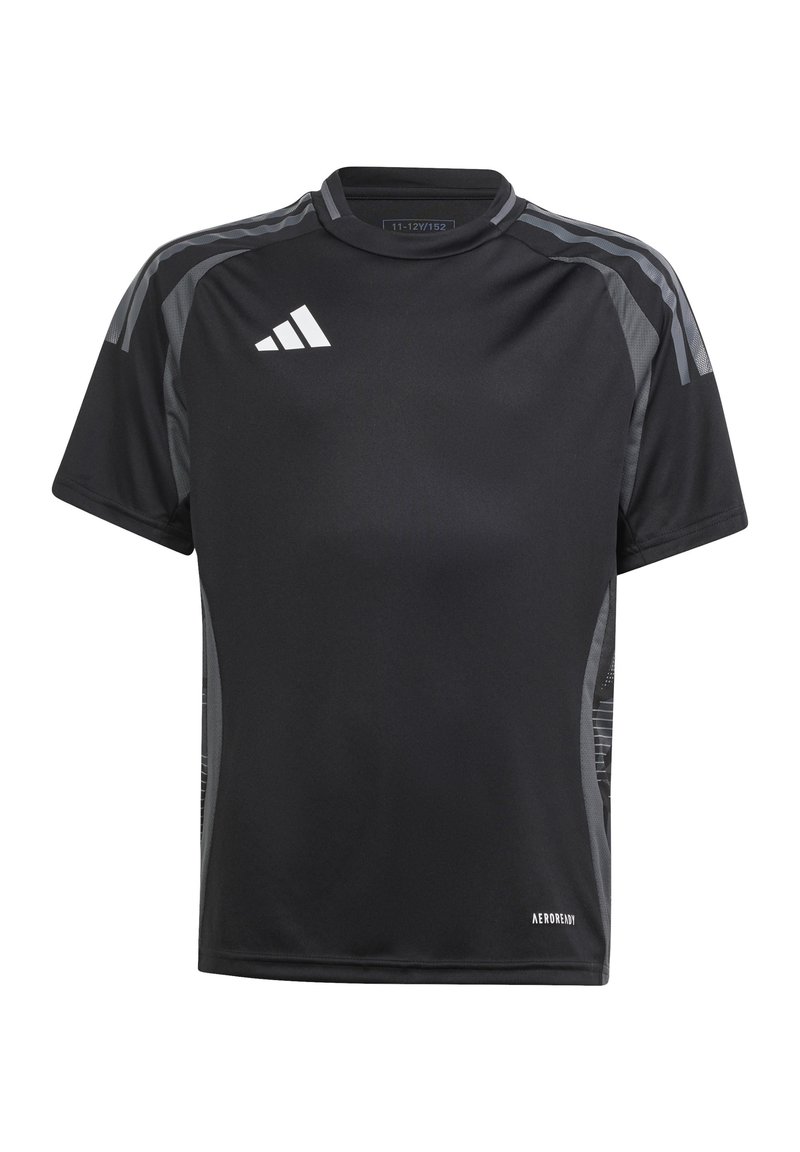 Schwarzes, kurzärmliges Sportshirt mit grauen Akzenten. Hergestellt aus atmungsaktivem Material, mit rundem Ausschnitt und dezentem Muster an den Seiten.