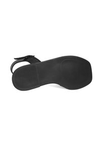 Black sandal bottom with smooth rubber sole featuring vertical ridges for grip. Includes a strap for secure fit. Minimal design.