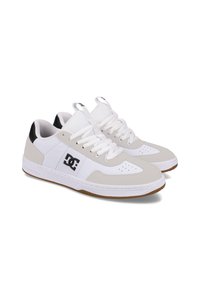 White sneakers with gray accents, mesh tongue, perforated details, and black logo. Features flat laces and rubber sole.